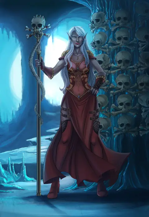 In an icy cave, a gray-skinned woman with long white hair regards the viewer. Behind her, humanoid skulls are embedded into a pillar of ice. She wears an ornate red gown and red bracers with gold embellishments. In her right hand is a staff topped with a skull and crossbones, with spinal bones winding around it.