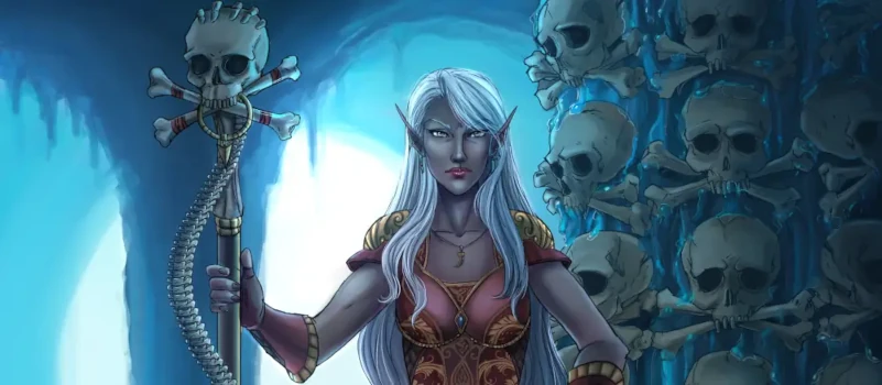 In an icy cave, a gray-skinned woman with long white hair regards the viewer. Behind her, humanoid skulls are embedded into a pillar of ice. She wears an ornate red gown and red bracers with gold embellishments. In her right hand is a staff topped with a skull and crossbones, with spinal bones winding around it.