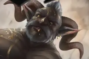 A gray-skinned, heavily muscled man with silver hair, gold body paint, and horns curling from either side of his head looms over the viewer.