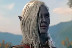 A drow female with dark gray skin, white hair, and red eyes and wears brown armor with red trim