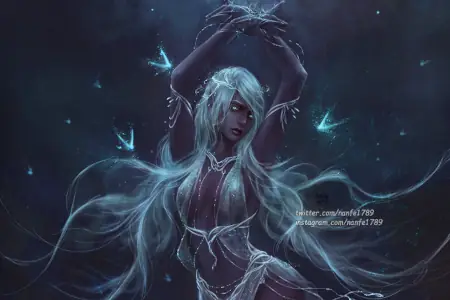 A young dark elven woman with dark gray skin and long flowing silvery hair raises both arms above her as she dances in a thin silvery dress under the moon