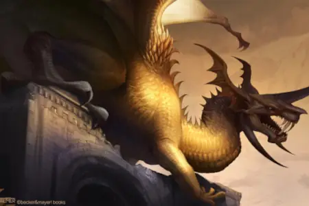 A great gold dragon digs its claws into a gray stone arch as it perches on top of it with its muzzle open.