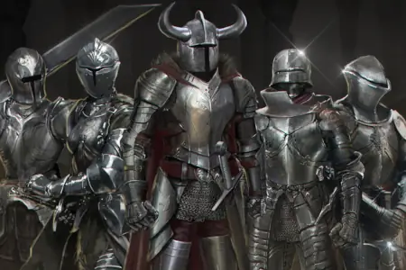 A group of five knights in full silvery armor stand together, two on each side of the leader who wears a helmet with horns.