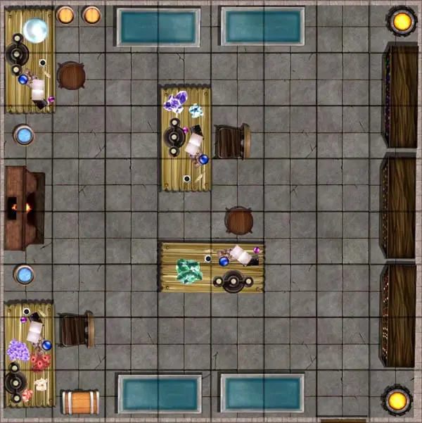 An overhead view of a room with a stone floor. Long wooden tables flank a fireplace to the left, bookshelves line the wall to the right, and basins with water are at the top and bottom.