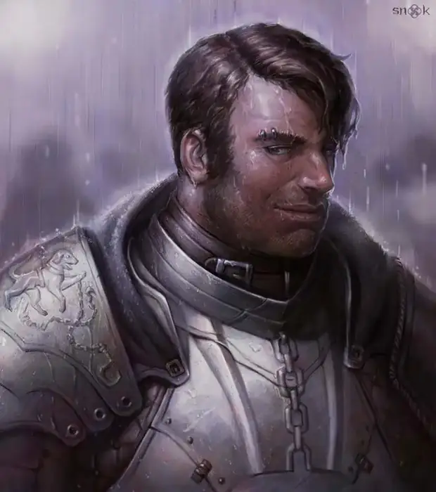 A thicker man with brown hair and some face fuzz grins while looking aside. He stands in the rain in gray metal armor with a gray cloak.