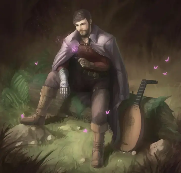 A white man with brown hair sits on a log in a forested scene. He wears a maroon shirt and brown pants and has a lilac jacket over his shoulders. He smiles as he holds a pink glowing flower in front of him.