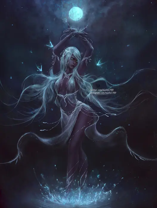 A young dark elven woman with dark gray skin and long flowing silvery hair raises both arms above her as she dances in a thin silvery dress under the moon in a puddle of water.
