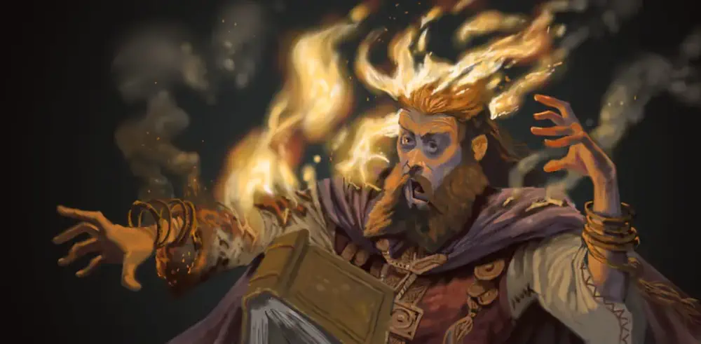 A wizard with long brown hair and a full beard screams because he's lit his hair on fire. His hands have released his spell-book, which is mid-tumble in front of him. His purple cloak and one arm of his white shirt are on fire, too.