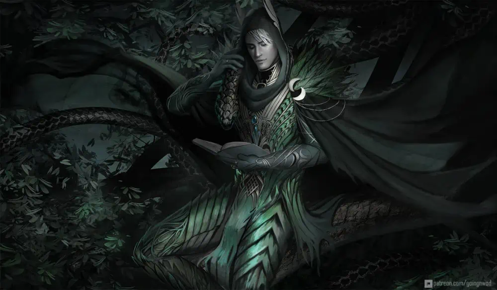 A man with pale skin and blond hair sits in ornate green armor. Over his right shoulder, he pets the neck of a snake that coils through the scene while he reads a book held in his left hand near his waist.