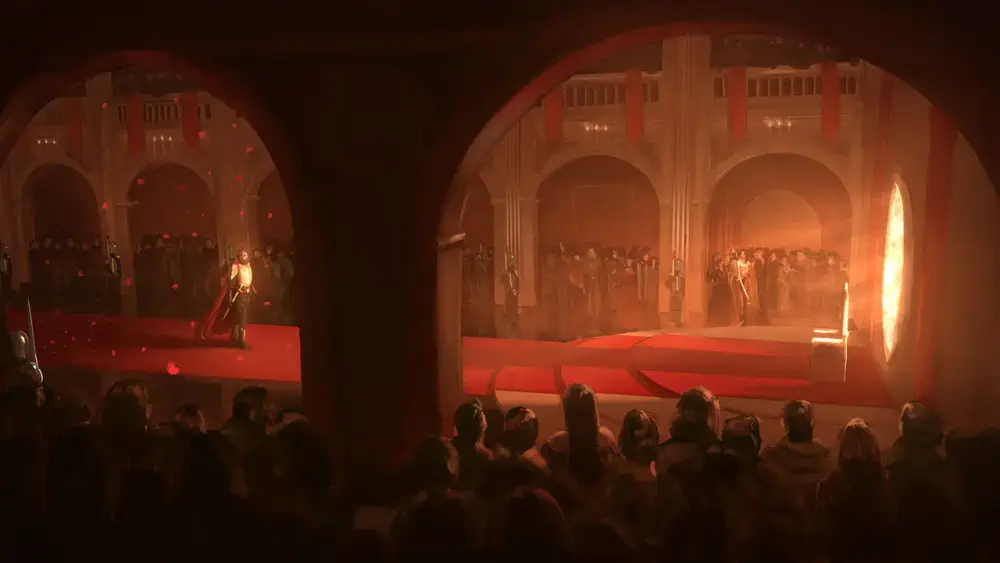 AA man in a golden chestplate and red cape walks from the left down a red carpet with crowds of people on either side of him. He moves toward a throne backed by an open, glowing portal.