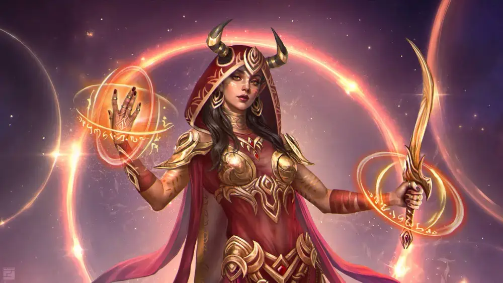 A horned woman wearing a sheer red dress with gold and ruby armor pieces and embellishments holds a gleaming gold sword in her right hand while making a mystic gesture with her left