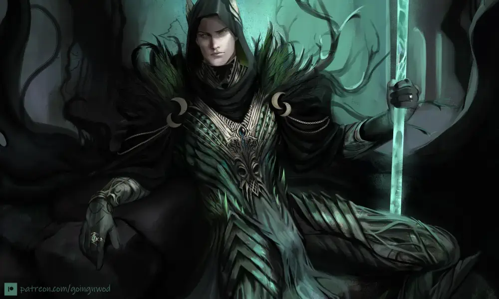 A pale man sits lounges an open posture in green armor and a black cape. He watches the viewer sternly while holding a glowing green rod in his hand.