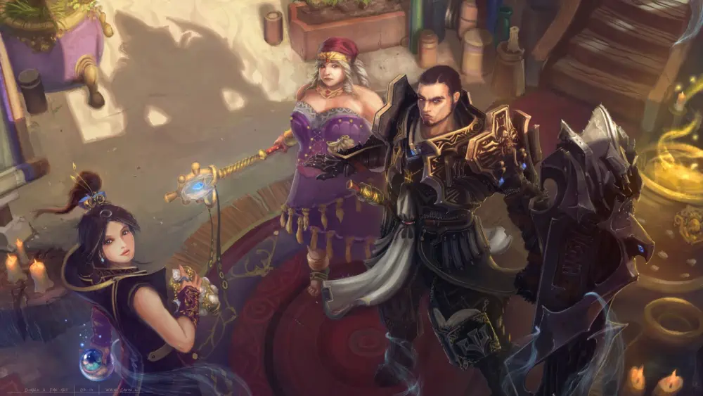 A thick-set woman in a purple dress with gold embellishments holds a staff. She stands near a man in heavy black and gold armor. They stand across from a woman in black and gold robes, holding an ornate bottle. All three look up at the viewer.