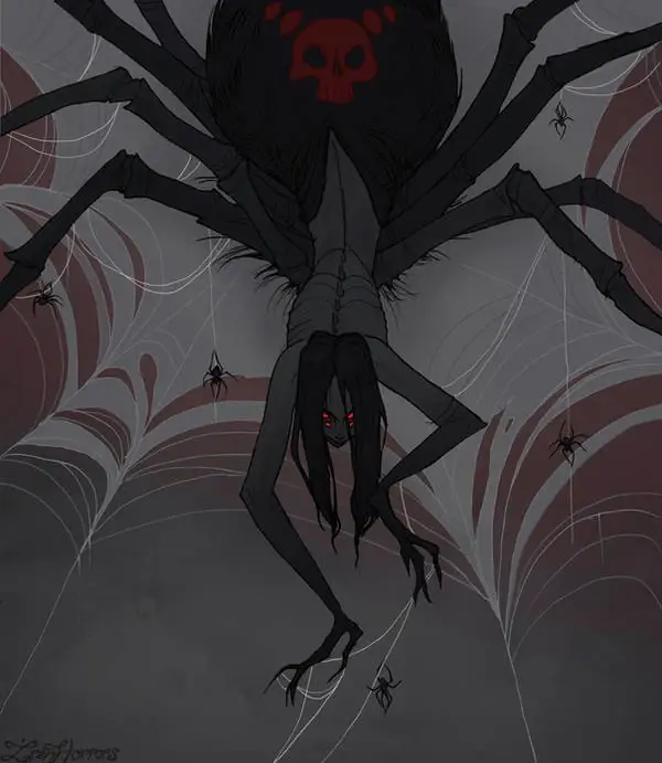 A creature with the bottom half of a large spider and the top half of a humanoid with long hair and four glowing red eyes crawls on its web