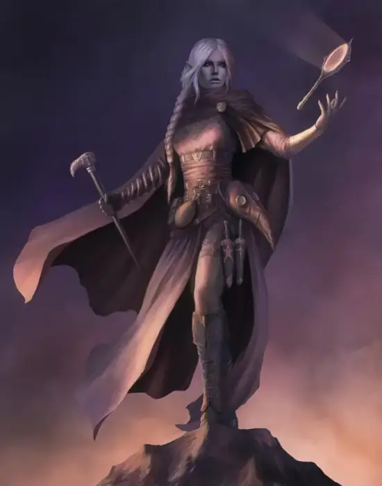 A drow elf woman with light gray skin and white hair stands on an outcrop of stone in adventuring gear. She holds a wand in her right hand while a mirror floats above her left hand.