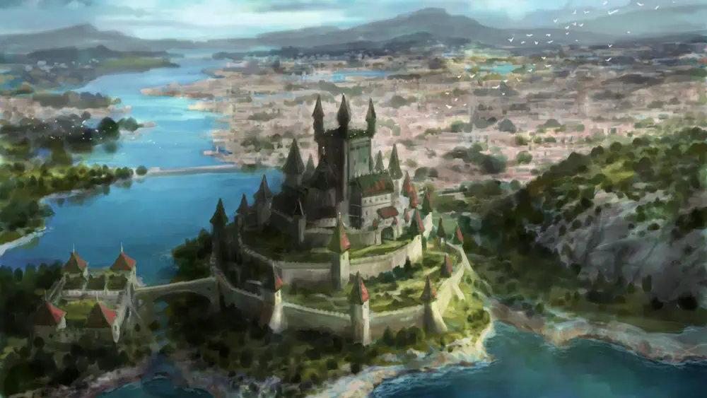 A stone castle with red roofs rises over tiered stone walls in front a sprawling medieval city. A river winds behind it and a coast sits at its foot.