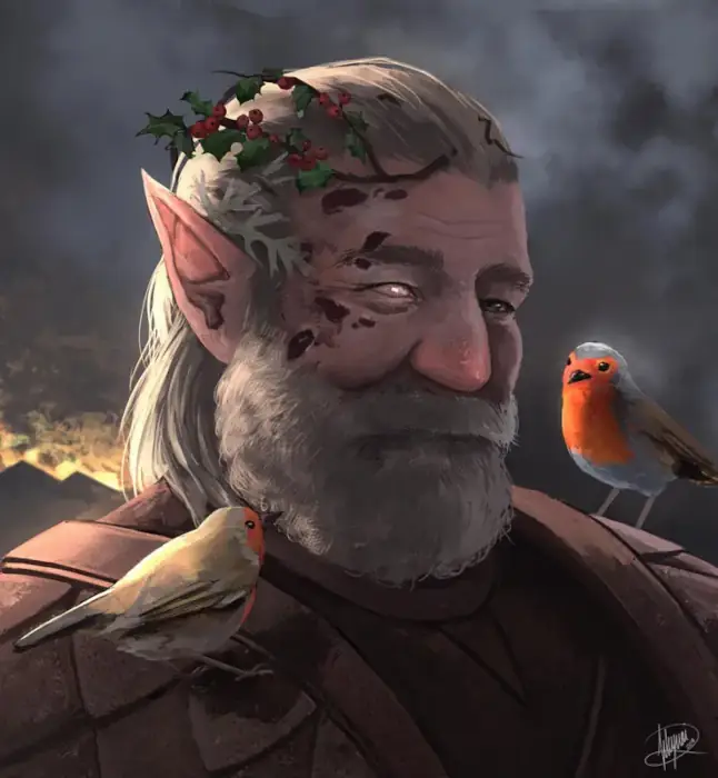 An elderly man is front and center with pale skin, silver hair, and a silver beard. Birds with bright orange faces and crests stand at each of his shoulders, perched on his mauve armor.