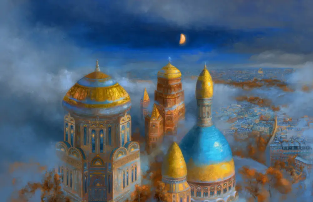 Gold and blue domes sit atop ornate towers embellished with tiles and stained glass in the same colors. The towers rise far above large buildings in a city below.