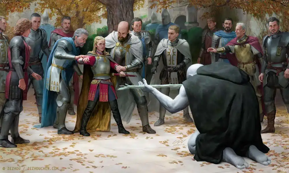 A group of armored male human knights are arranged behind a blond young human whose arms are being held by older knights on each side. Before them, a large pale giant kneels while offering a pale branch.