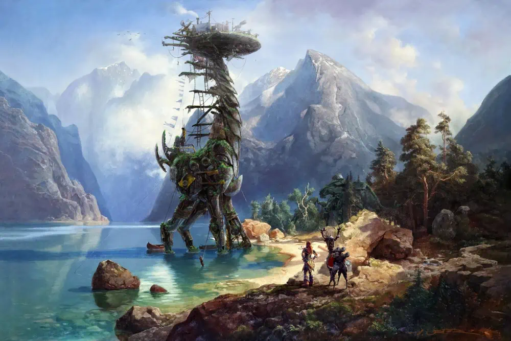 A woman in armor stands with her hands on her hips near her animal riding mount on the shore of a lake with high mountains in the background. In the water at the shore ahead of her is a metallic construct several stories tall that's shaped like animal with four legs and a log neck.