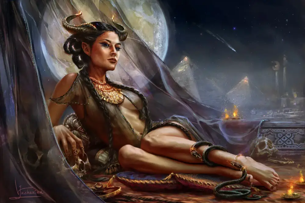 A succubus with tan skin, gold horns, and fully black eyes reclines on pillows before a scene with the moon and pyramids in the background.