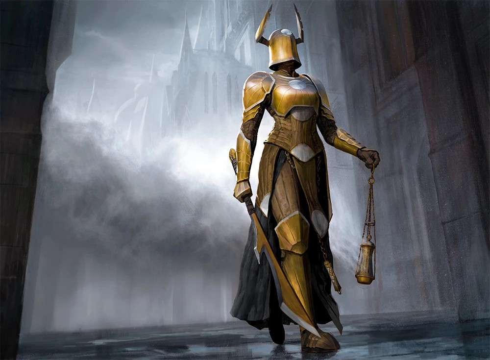 A knight clad in gold armor has their face completely covered by their helmet. The feminine figure holds a sword in her right hand and a censer with smoke coming from it in the other. She strides away from a grand building.