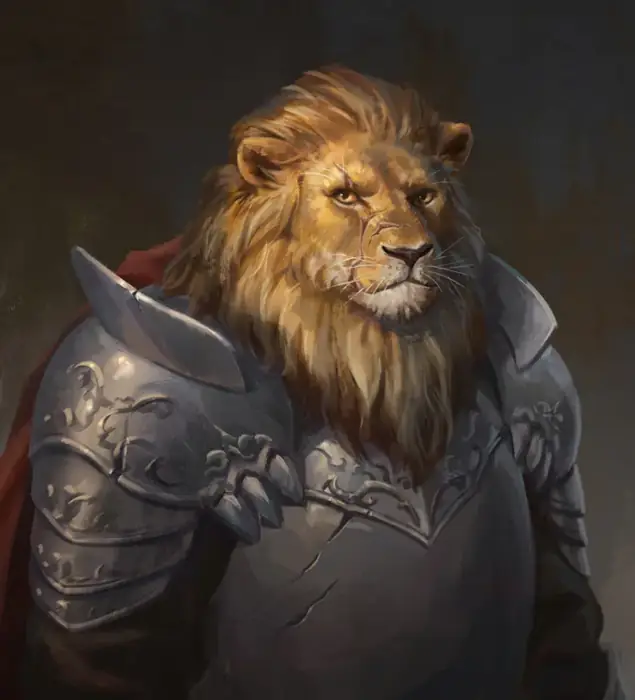 A yellow lion man glares at the viewer with yellow eyes while he stands front and center in gray metallic armor with two scratches on the chest.