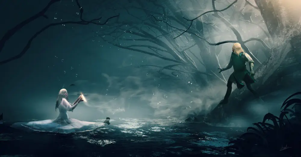 A woman standing in a dark lake while wearing a white dress holds up a sword with a glowing yellow blade, beckoning to a knight in armor standing at the shore. The sky is dark and the trees around him are empty of leaves and dusted in snow.