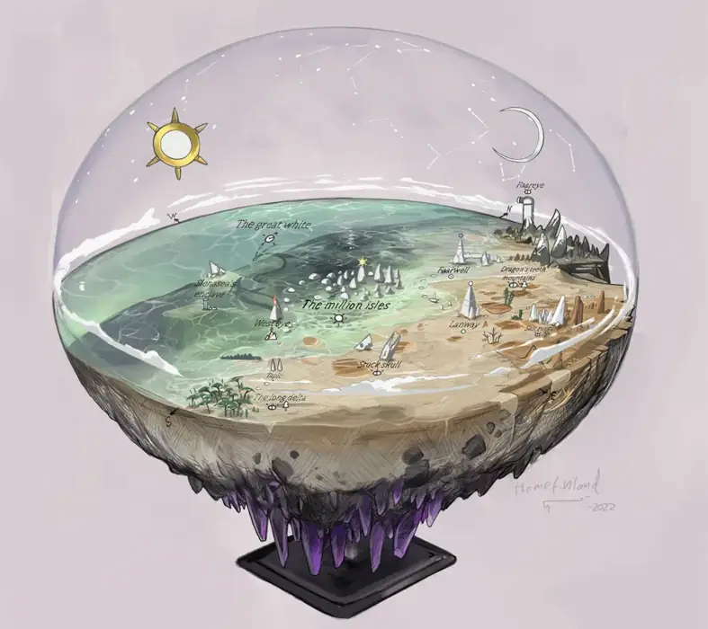 Inside a round glass decorative orb perched atop a black base, a strip of sandy shoreline meets the water. Various features within are identified in small black lettering, as if on a map.
