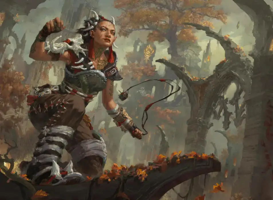 A woman with scars on her face wears rough leather armor embellished with animal bones. She has a thin rock sling flung back in one hand and a stone held up in the other.