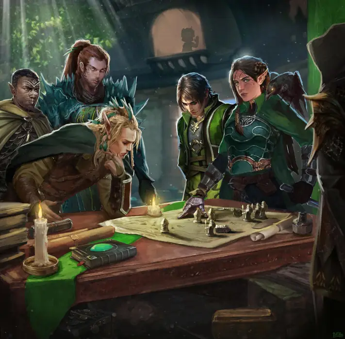 Six fantasy adventurers in green and brown armor gather around a long wooden table to view a map with tokens spread across it.
