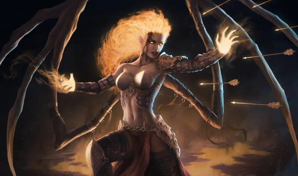 A woman wears a bustier, boots, and many straps on her arms and legs. Large spidery appendages come out of her back on each side, each as long as she is. Her long hair is made of flames, and her upheld hands glow with similar fire.