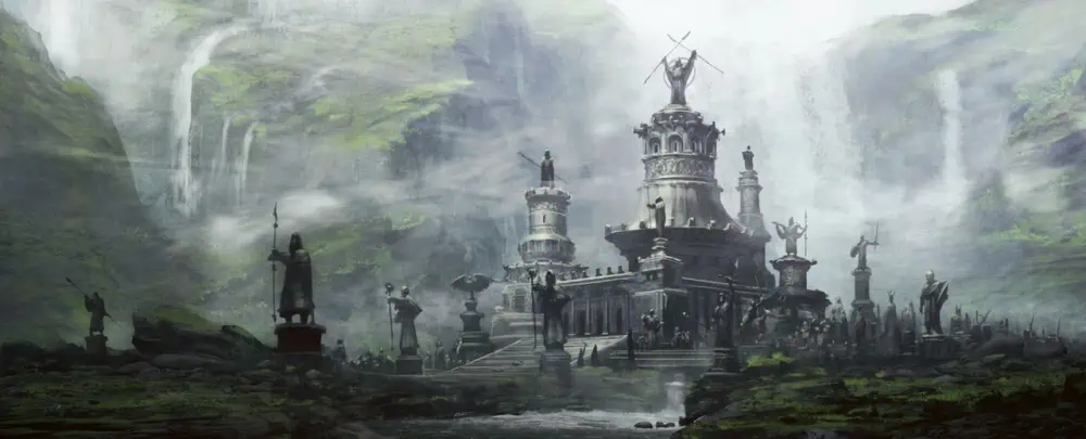 A single-story, large stone building is surrounded by misty hills. It's topped with a high circular tower that is crowned with a figure holding up crossed spears. The building's porch and immediate area has many larger-than-life stone figures.