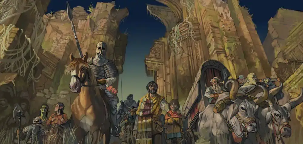 A mixed group of settlers are led on foot by three men mounted on a horse and two oxen through high ruined walls festooned with vines.