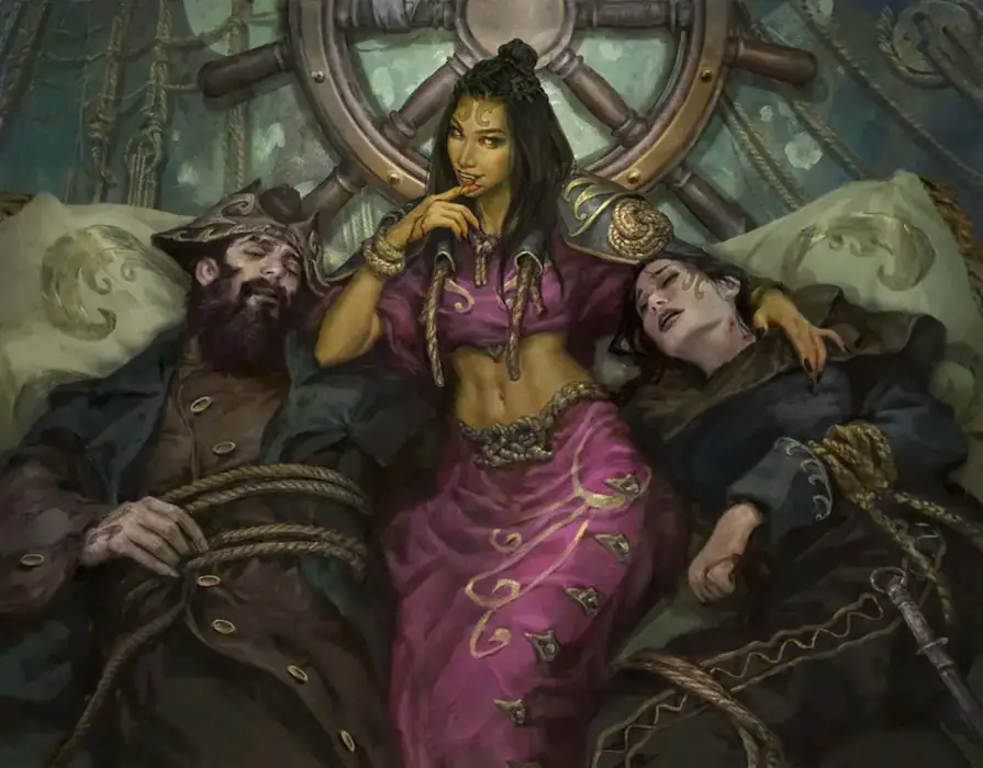 A woman in a pink dress with yellow skin and gold eyes regards the viewer with a coy smile. A man and woman lay on either side of her, bound in rope, appearing asleep or perhaps dead.