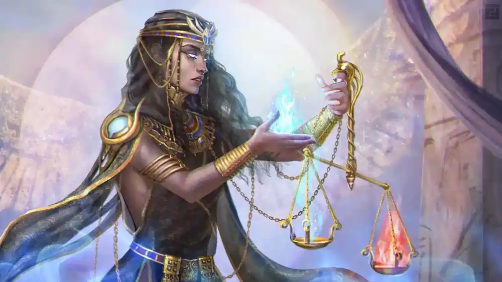 A woman with pure white eyes, dark hair, and ornate, Egyptian-style golden jewelry holds a set of scales in her left hand. In one of the scales is an orange fire while a blue flame is being lifted from the other side into her right hand.