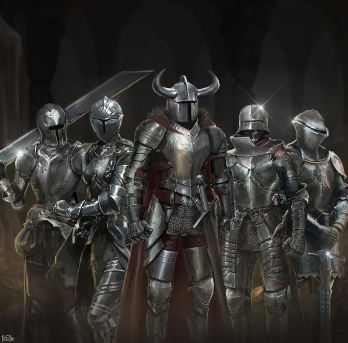 A group of five knights in full silvery armor stand together, with two on each side of the leader who also wears a red cloak and helmet with horns.