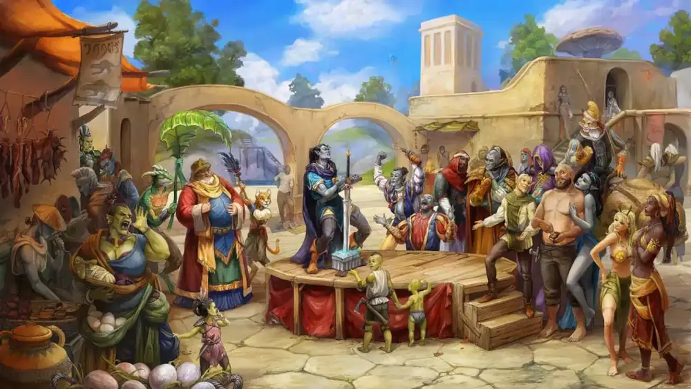 Surrounded by low sandstone buildings, a mixed crowd of fantasy characters cheers on a grey skinned person is trying to pull a sword from a stone.