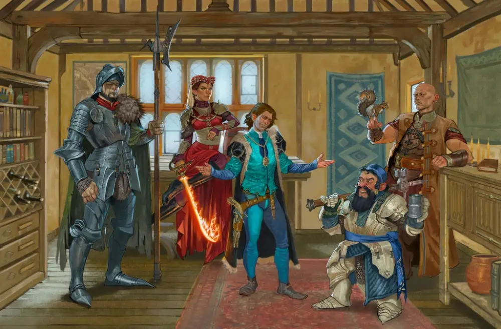 Inside a medieval-style room with a bookcase, shelves, and windows, a group of fantasy characters gather. An armored man, woman dressed in rich red clothes and bald man with a squirrel perched on one hand stand back. An armored dwarf talks to the elf in the middle who's richly dressed in blue and teal.