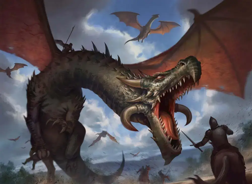 A large brown dragon has both wings extended out as it coils down toward the mounted knight rushing toward its open mouth with sword extended.