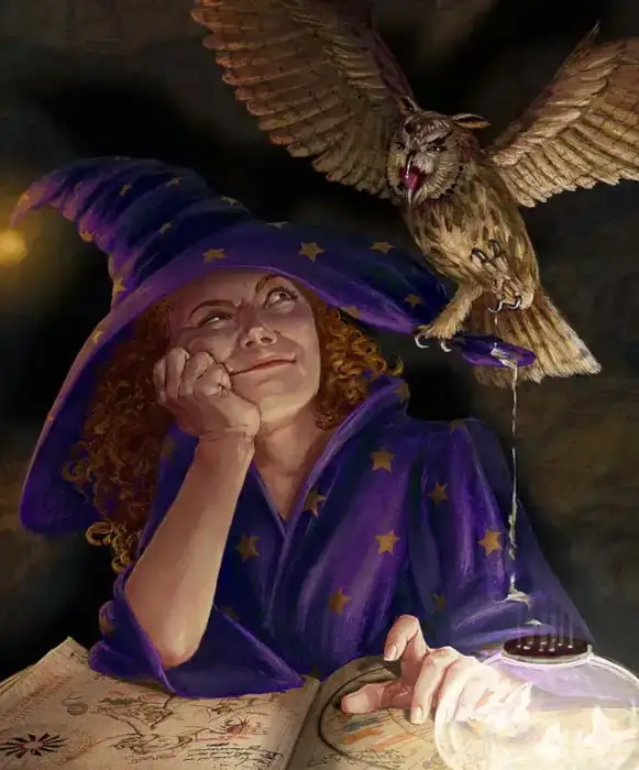 A mature woman with curly red hair sits in a deep purple robe and witch's hat with gold stars on them. She looks up at the tawny owl that's trabbed onto the brim of her hat.