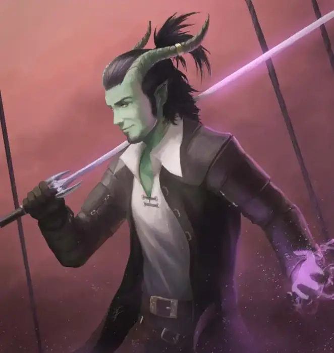 A man with light green skin, horns moving up and back from his forehead, and dark hair tied back in a half-ponytail holds a sword over his right shoulder. His left hand, held out and down to his side, is a magical glow.