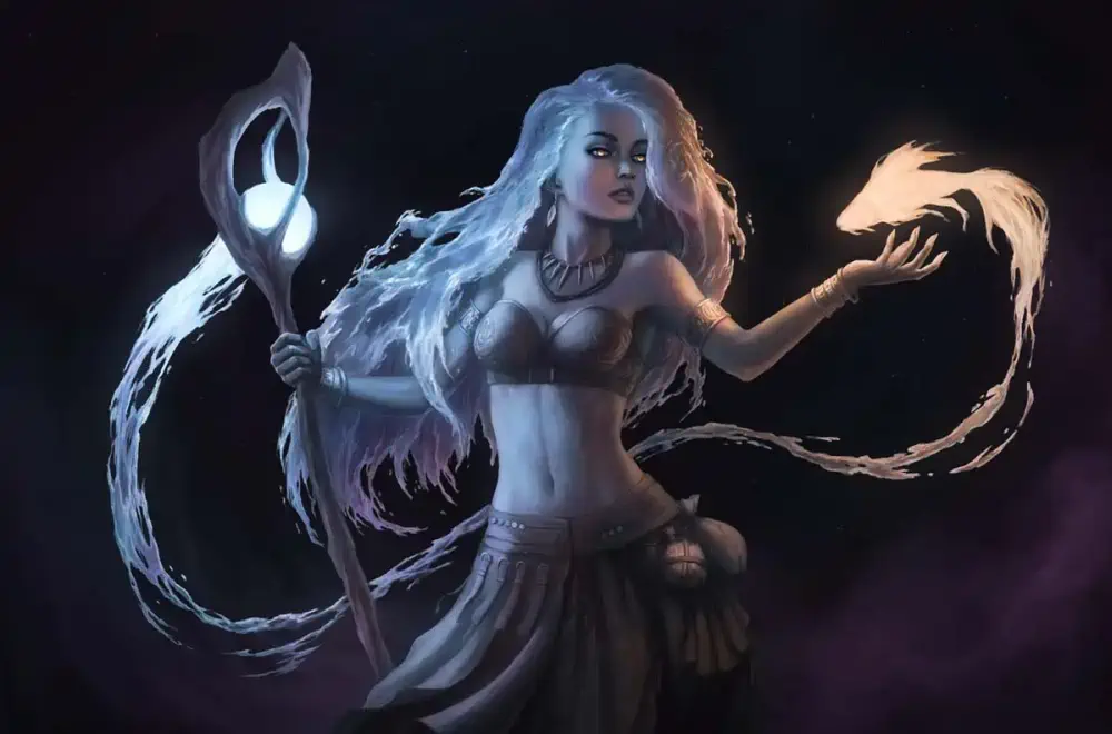 A woman wears a strapless bra, skirt, and jewelry at her neck, upper arms, and wrists. Her waist-length hair is made of blue watery waves, and her eyecolor is glowing gold. She holds a boney staff in her right hand, topped with a glowing ball trailing water. Her other hand is upheld with a watery fish glowing above it; the water from its tail flows back to the staff behind her.