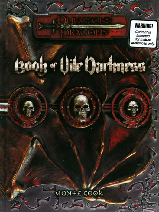 On a gray background with a frame broken by arcane red runes, a brown bat-like wing lies outstretched. Over the wing are three round metallic sigils with skulls in the middle.