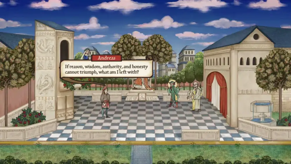 Andreas the young artist asks a question of a noblewoman, a man dressed like a fool, and an older man dressed like a scholar