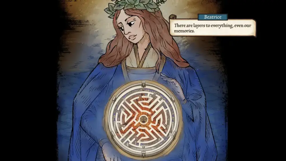 A young woman in a medieval-style blue dress wtih a garland of leaves on her head and holding a labyrinth while looking to the side and down