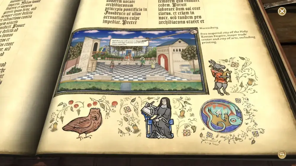 A scene from the game in the middle of a beautifully illuminated manuscript page with an explanation of a key term written in the margin