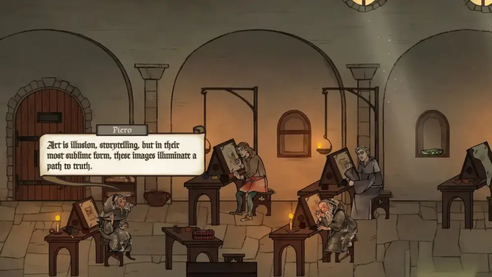 Three monks in gray robes and Andreas in more colorful clothes working on different illustrations while Piero talks about art