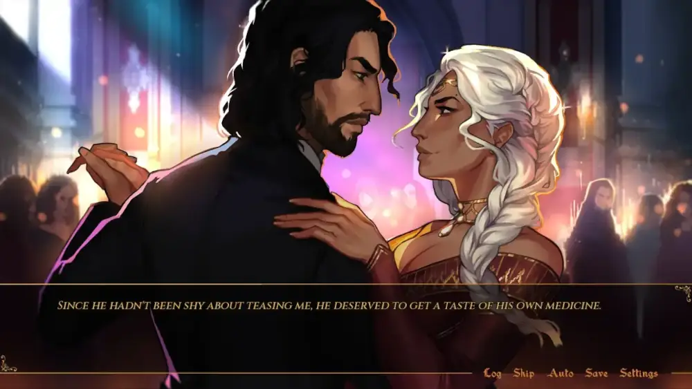 Against a muted backdrop colored by shafts of light through stained glass windows, Lydia has locked stares with Theodore as they dance.