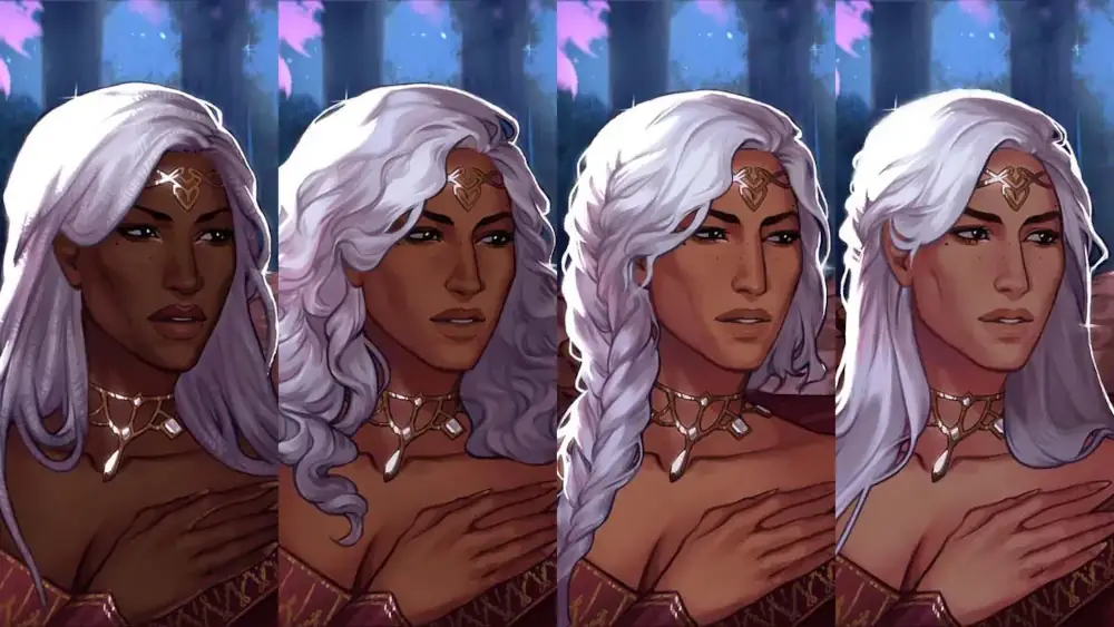 4 images of the main character, Lydia, with 4 different skin tones from lightest to darkest and 4 different hairstyles.